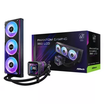 ASRock Phantom Gaming 360 LCD skysčio aušinimo rinkinys — 120 mm ventiliatoriai, LGA1700/AM5/AM4, juodas
