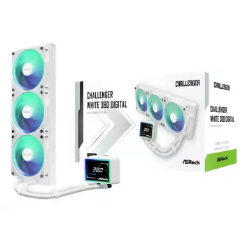 ASROCK Challenger 360 Digital ARGB White — 360 mm skysčio aušintuvas CPU, skaitmeninis ARGB apšvietimas, balta spalva