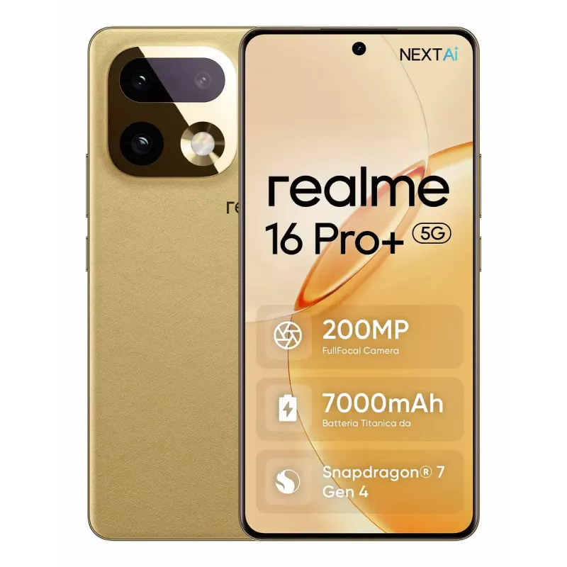 Išmanusis telefonas REALME realme 16 Pro+ – 6,8 colio (17,3 cm) 1280×2800, Snapdragon 7 Gen 4, 12 GB RAM, 512 GB, 200 MP, 7000 mAh, Auksinis
