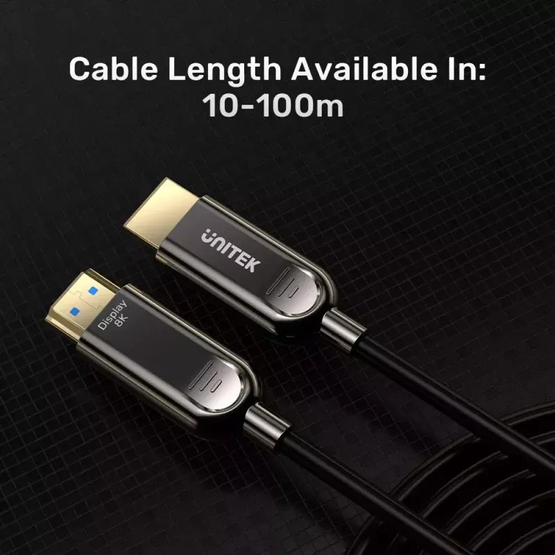 HDMI kabelis Unitek C11085GY01-30M — 30 m, HDMI Type A kištukas–kištukas, HDMI 2.1, 48 Gbit/s, ARC, auksuoti kontaktai, juodas