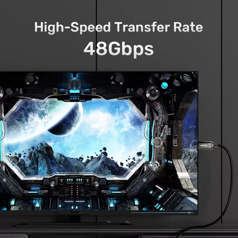 HDMI kabelis Unitek C11085GY01-30M — 30 m, HDMI Type A kištukas–kištukas, HDMI 2.1, 48 Gbit/s, ARC, auksuoti kontaktai, juodas