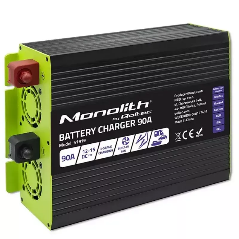 Baterijų įkroviklis QOLTEC 51919 90A 12V, skirtas LiFePO4, AGM, GEL, SLA