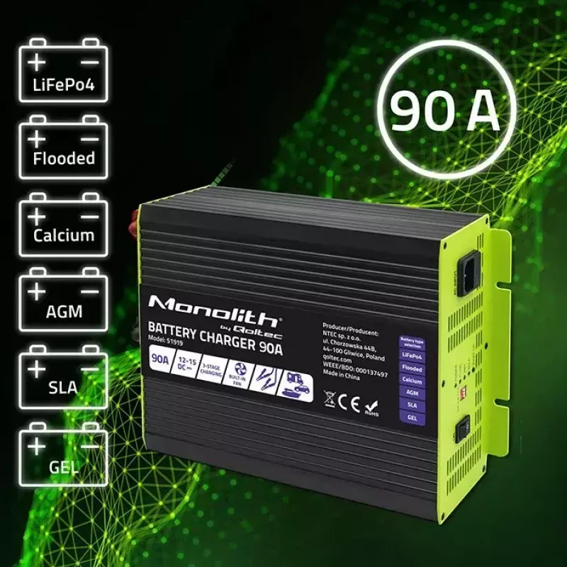 Baterijų įkroviklis QOLTEC 51919 90A 12V, skirtas LiFePO4, AGM, GEL, SLA