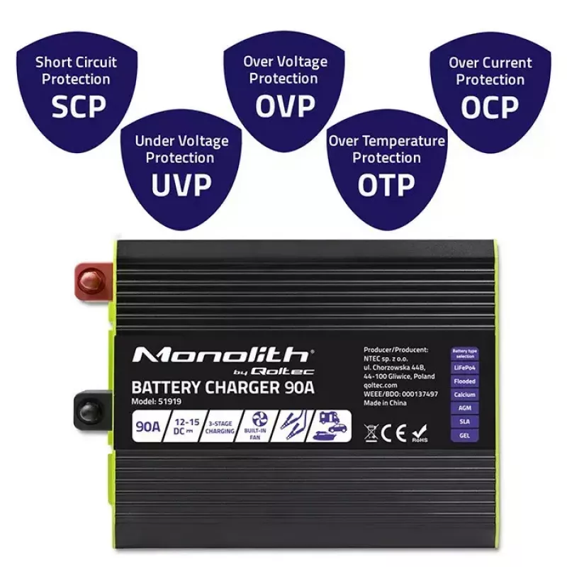 Baterijų įkroviklis QOLTEC 51919 90A 12V, skirtas LiFePO4, AGM, GEL, SLA