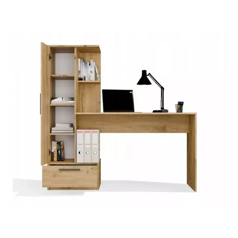 Stalo ir lentynų komplektas COSMO Oak Artisan – darbinis paviršius 115×50 cm, plotis 1430 mm, aukštis 1400 mm, gylis 500 mm, 1 stalčius