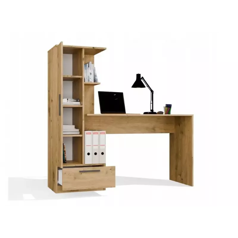 Stalo ir lentynų komplektas COSMO Oak Artisan – darbinis paviršius 115×50 cm, plotis 1430 mm, aukštis 1400 mm, gylis 500 mm, 1 stalčius