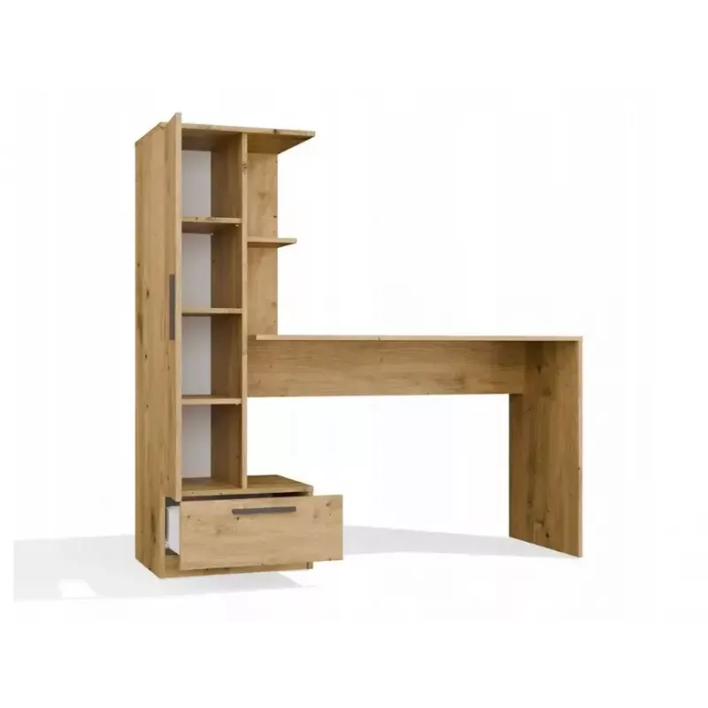 Stalo ir lentynų komplektas COSMO Oak Artisan – darbinis paviršius 115×50 cm, plotis 1430 mm, aukštis 1400 mm, gylis 500 mm, 1 stalčius