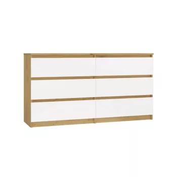 Komoda MALWA M6 – 6 stalčių, 1380×400×750 mm, artisan ąžuolo rėmas, balti fasadai