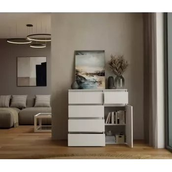 Komoda MALWA 1D5S, 5 stalčių, 1 durelė, balta, 1000×400×930 mm, medžio drožlių plokštė