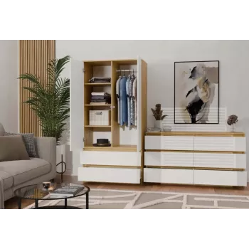 Drabužių spinta MALWA SS-90, 900×500×1800 mm, ąžuolo rėmas, balti varstomi durys, 2 stalčiai, medžio drožlių plokštė