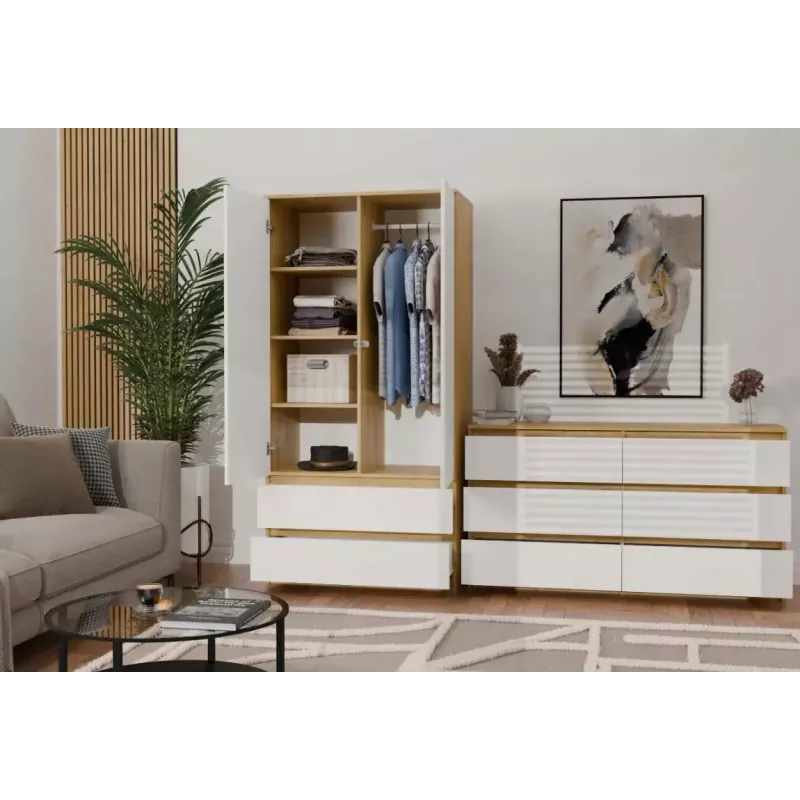 Drabužių spinta MALWA SS-90, 900×500×1800 mm, ąžuolo rėmas, balti varstomi durys, 2 stalčiai, medžio drožlių plokštė