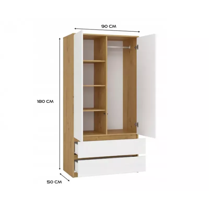 Drabužių spinta MALWA SS-90, 900×500×1800 mm, ąžuolo rėmas, balti varstomi durys, 2 stalčiai, medžio drožlių plokštė