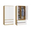 Drabužių spinta MALWA SS-90, 900×500×1800 mm, ąžuolo rėmas, balti varstomi durys, 2 stalčiai, medžio drožlių plokštė