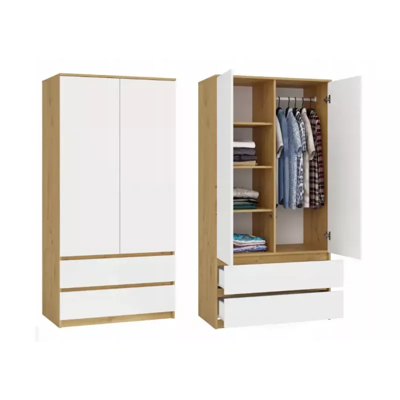 Drabužių spinta MALWA SS-90, 900×500×1800 mm, ąžuolo rėmas, balti varstomi durys, 2 stalčiai, medžio drožlių plokštė