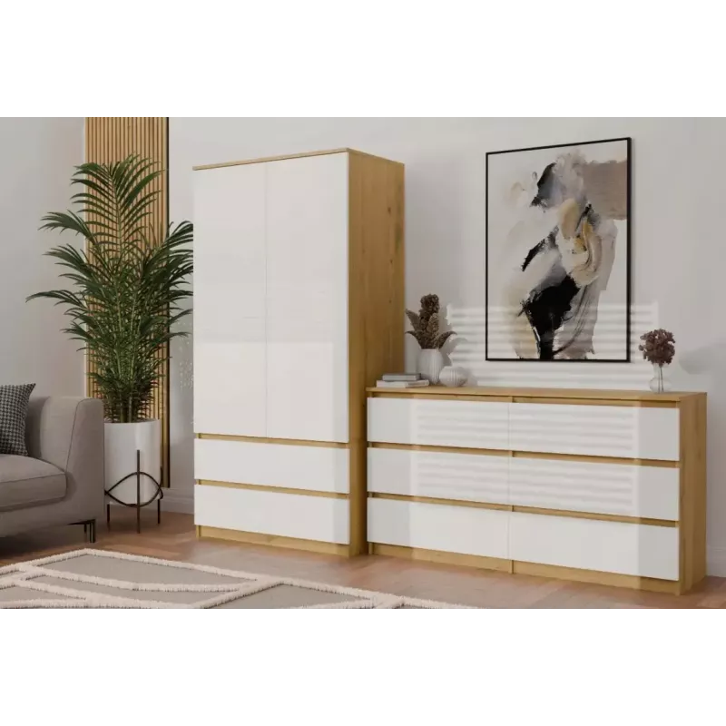 Drabužių spinta MALWA SS-90, 900×500×1800 mm, ąžuolo rėmas, balti varstomi durys, 2 stalčiai, medžio drožlių plokštė