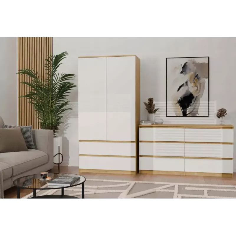 Drabužių spinta MALWA SS-90, 900×500×1800 mm, ąžuolo rėmas, balti varstomi durys, 2 stalčiai, medžio drožlių plokštė