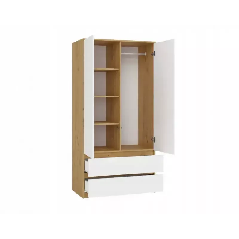 Drabužių spinta MALWA SS-90, 900×500×1800 mm, ąžuolo rėmas, balti varstomi durys, 2 stalčiai, medžio drožlių plokštė
