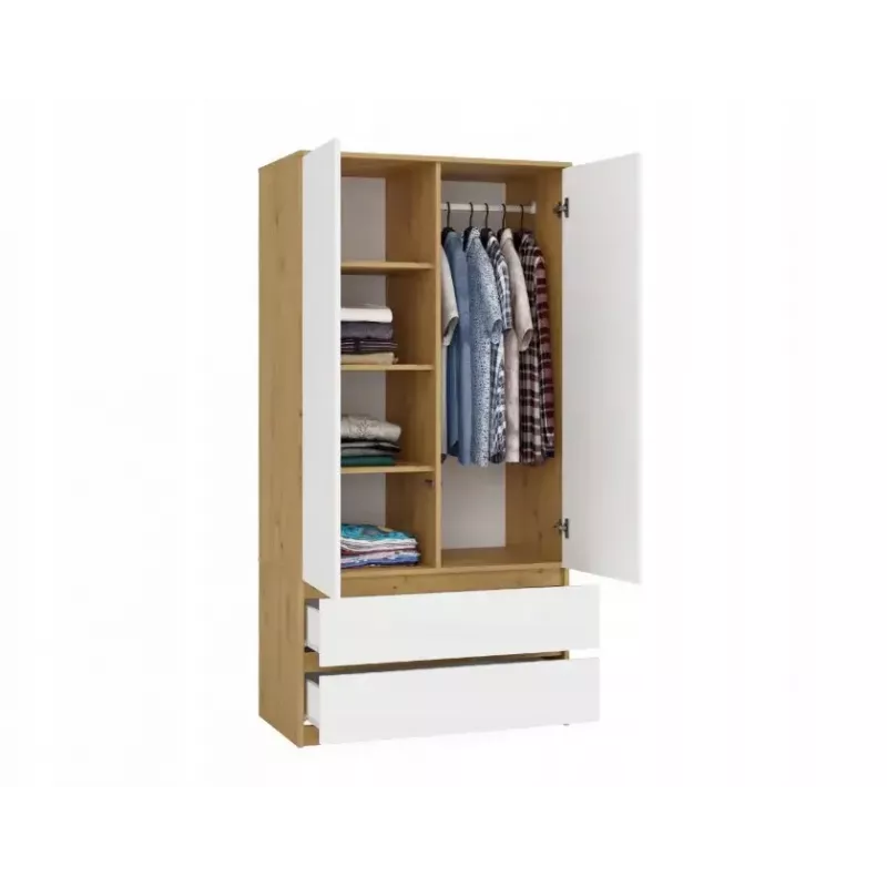 Drabužių spinta MALWA SS-90, 900×500×1800 mm, ąžuolo rėmas, balti varstomi durys, 2 stalčiai, medžio drožlių plokštė