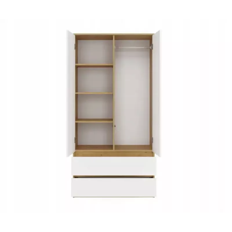 Drabužių spinta MALWA SS-90, 900×500×1800 mm, ąžuolo rėmas, balti varstomi durys, 2 stalčiai, medžio drožlių plokštė