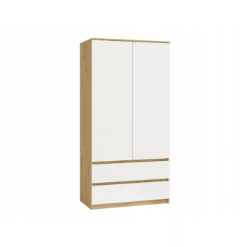 Drabužių spinta MALWA SS-90, 900×500×1800 mm, ąžuolo rėmas, balti varstomi durys, 2 stalčiai, medžio drožlių plokštė