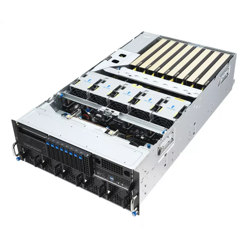 Stovo serveris ASUS ESC8000A-E13P (4U) — LGA 6096, AMD EPYC, iki 3 TB DDR5, 24 DIMM, 3200W maitinimo blokas, 10GbE