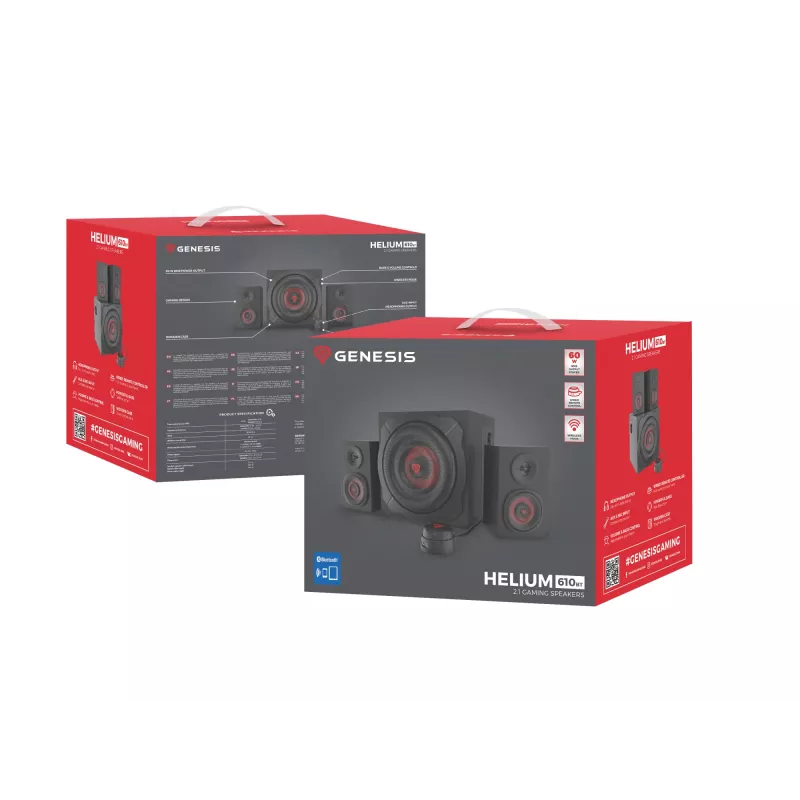 Garsiakalbių rinkinys GENESIS Helium 610BT 2.1, 60 W RMS, Bluetooth, laidinis, raudonas/juodas, kompaktiškas žemų dažnių garsiakalbis