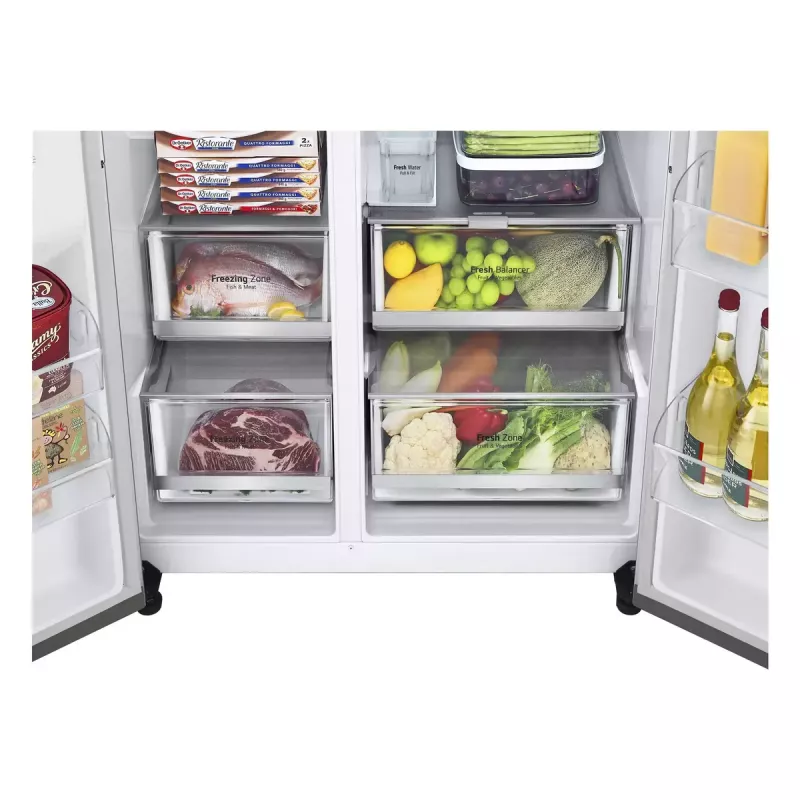 Šaldytuvas šalia šaldiklio LG GSGV81PYLL, 635 L bendras, šaldytuvas 416 L, šaldiklis 219 L, metalinis sidabras