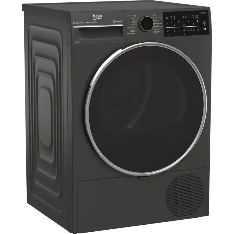 Džiovinimo mašina BEKO B5T89243M – laisvai pastatoma, priekinio pakrovimo, su šilumos siurbliu, 9 kg, juoda, 598×672×846 mm