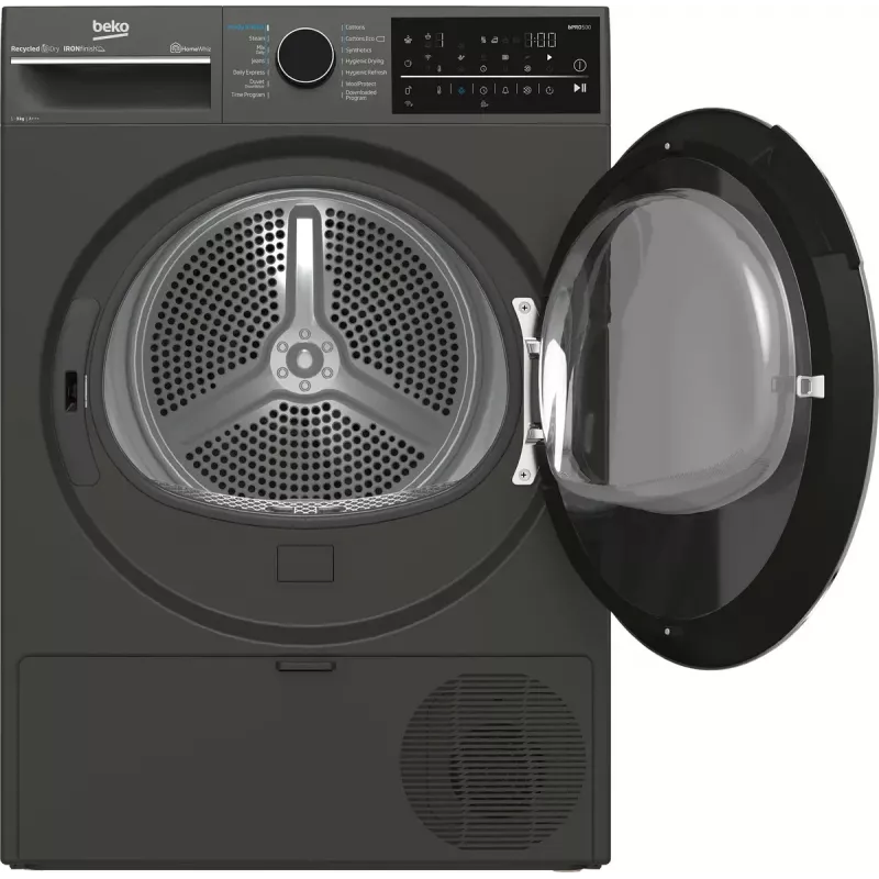 Džiovinimo mašina BEKO B5T89243M – laisvai pastatoma, priekinio pakrovimo, su šilumos siurbliu, 9 kg, juoda, 598×672×846 mm