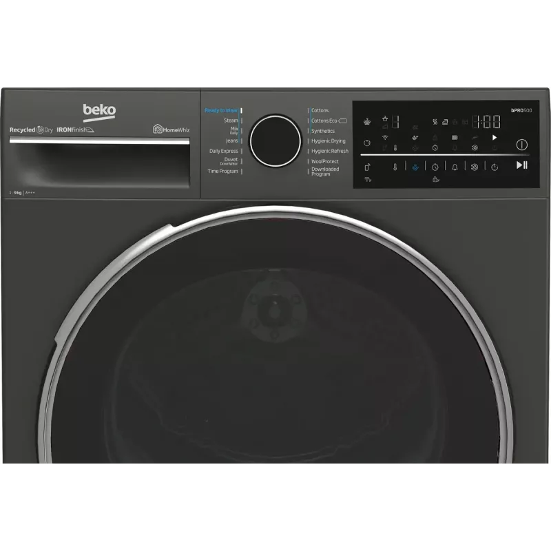 Džiovinimo mašina BEKO B5T89243M – laisvai pastatoma, priekinio pakrovimo, su šilumos siurbliu, 9 kg, juoda, 598×672×846 mm