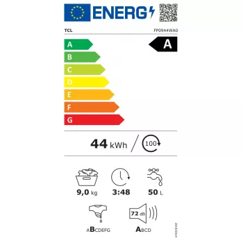 Skalbimo mašina TCL FP0944WA0 — priekinė pakrova, 9 kg, 1400 aps./min., A klasė, LED ekranas, garo funkcija, 60×56×85 cm, balta