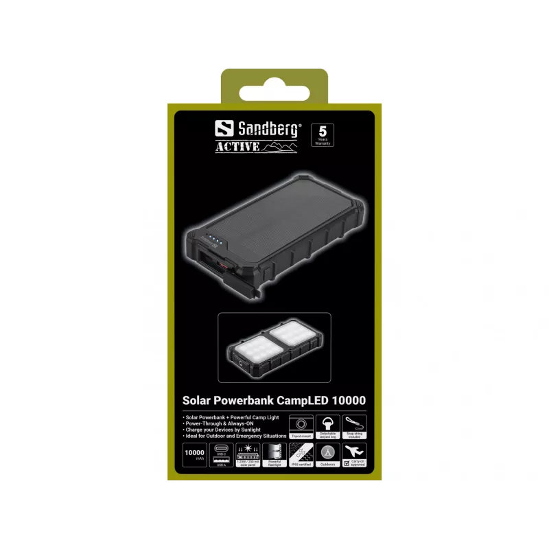 Sandberg Solar Powerbank CampLED 10000, 10000 mAh, programuojamas maitinimo šaltinis (PPS), 3.7 V, 15 W, juoda