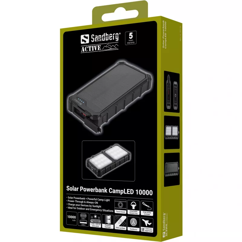 Sandberg Solar Powerbank CampLED 10000, 10000 mAh, programuojamas maitinimo šaltinis (PPS), 3.7 V, 15 W, juoda