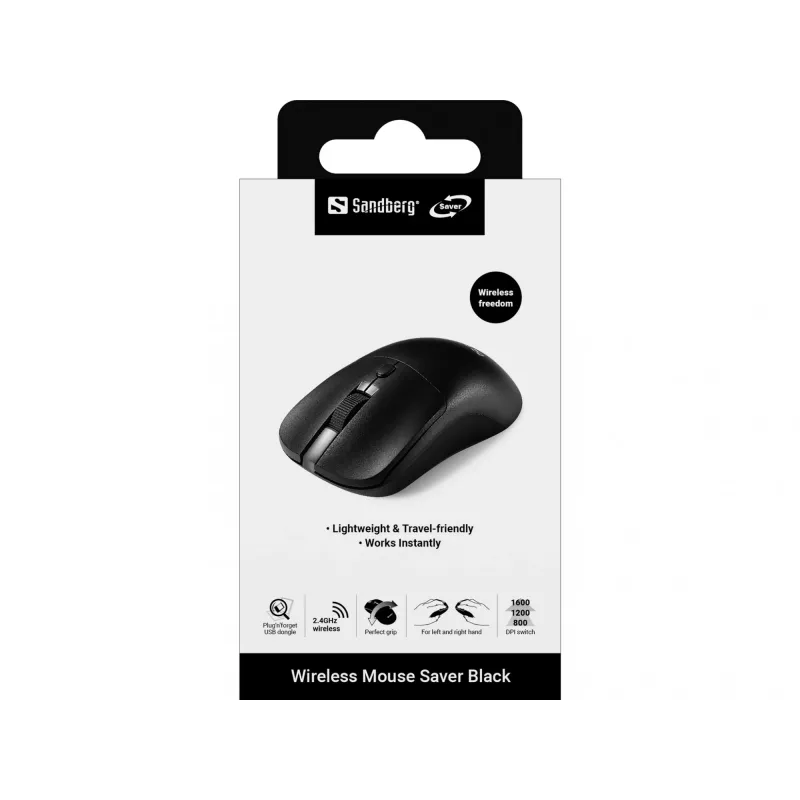 Sandberg Wireless Mouse Saver Black, ambidekstrinė, RF belaidė, 1600 DPI, juoda