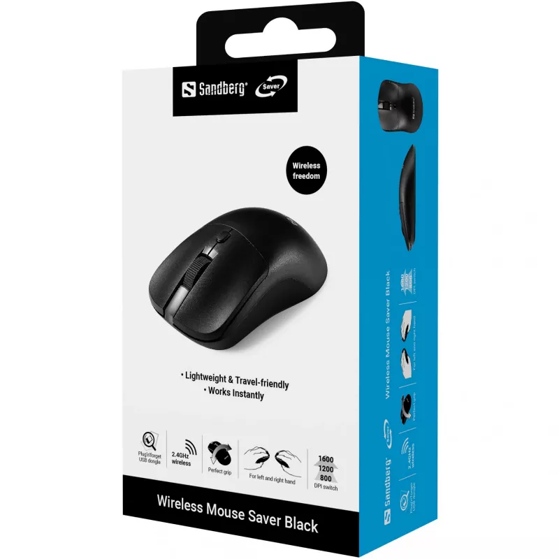 Sandberg Wireless Mouse Saver Black, ambidekstrinė, RF belaidė, 1600 DPI, juoda