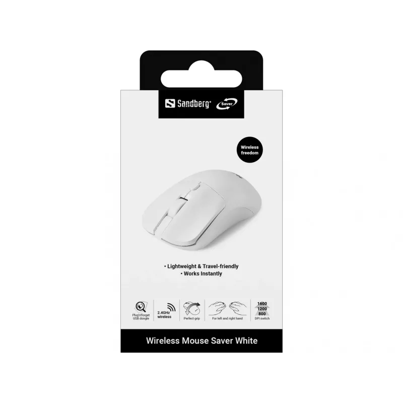 Sandberg Wireless Mouse Saver White, ambidekstrinė, RF belaidė, 1600 DPI, balta