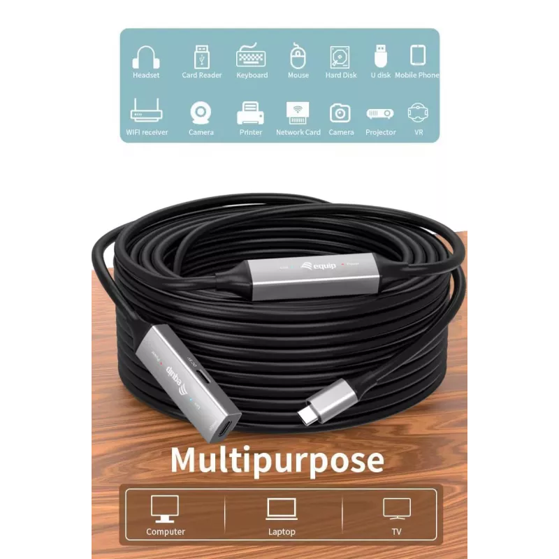 USB-C aktyvus prailginimo kabelis EQUIP 15 m, USB 3.2 Gen 1 (5 Gbps), nikeliuoti kontaktai, juodas