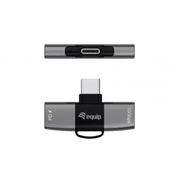 Adapteris USB-C OTG 2-in-1 EQUIP 133479 — 100W PD, 10Gbps, 1x USB-C į 2x USB-C, pilkas