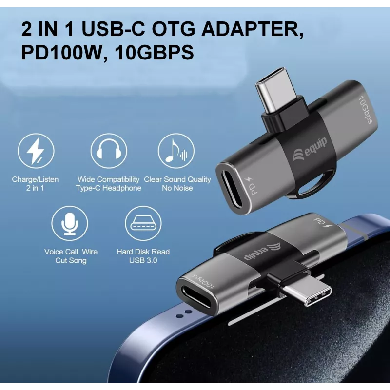 Adapteris USB-C OTG 2-in-1 EQUIP 133479 — 100W PD, 10Gbps, 1x USB-C į 2x USB-C, pilkas