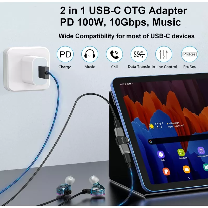 Adapteris USB-C OTG 2-in-1 EQUIP 133479 — 100W PD, 10Gbps, 1x USB-C į 2x USB-C, pilkas