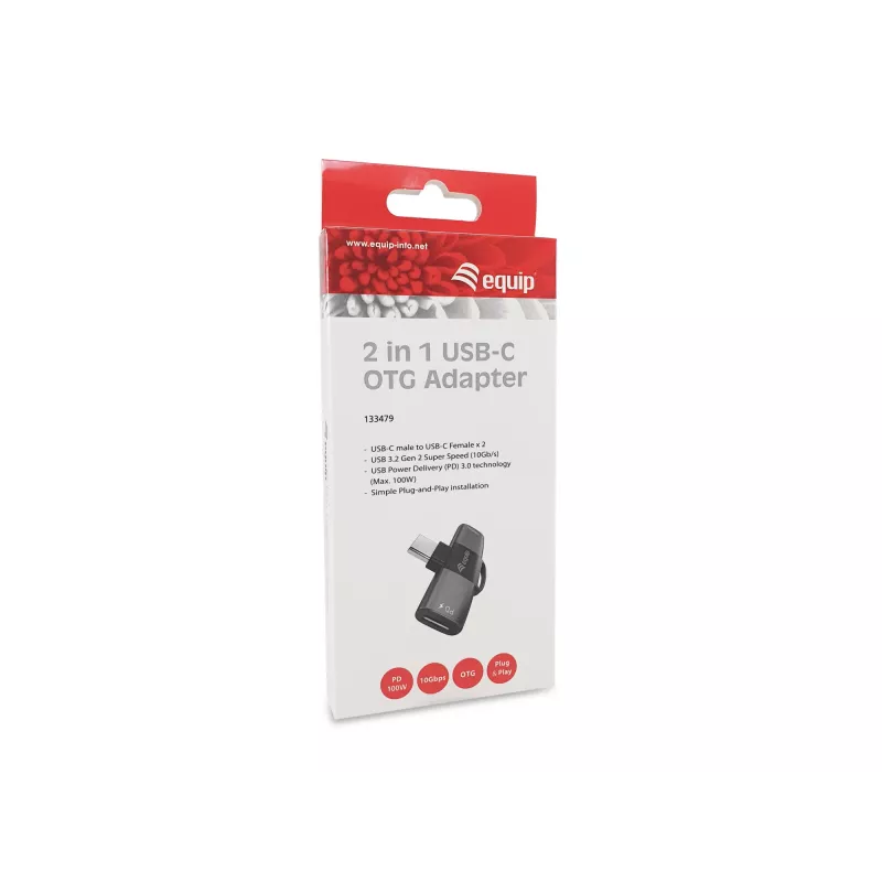 Adapteris USB-C OTG 2-in-1 EQUIP 133479 — 100W PD, 10Gbps, 1x USB-C į 2x USB-C, pilkas