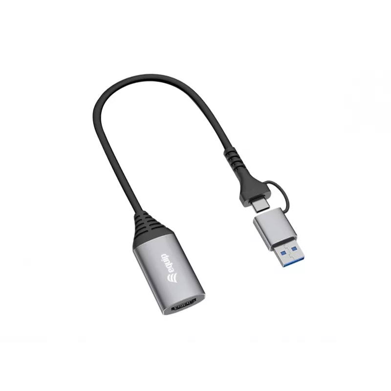 USB į HDMI adapteris EQUIP 133498 (USB-C ir USB-A vyriškas į HDMI, 1080p, aliumininis korpusas, pilka)