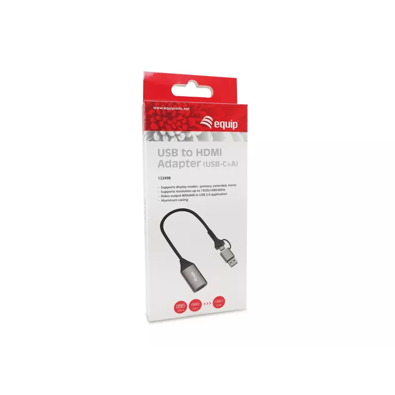USB į HDMI adapteris EQUIP 133498 (USB-C ir USB-A vyriškas į HDMI, 1080p, aliumininis korpusas, pilka)