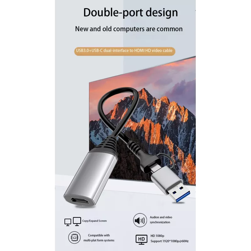 USB į HDMI adapteris EQUIP 133498 (USB-C ir USB-A vyriškas į HDMI, 1080p, aliumininis korpusas, pilka)