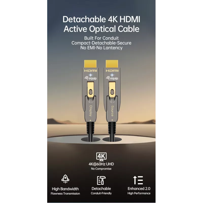 EQUIP HDMI 2.0 aktyvus optinis kabelis 15 m — nuimamas A/D tipas, 4K@60Hz, 18 Gbit/s, auksuoti kontaktai