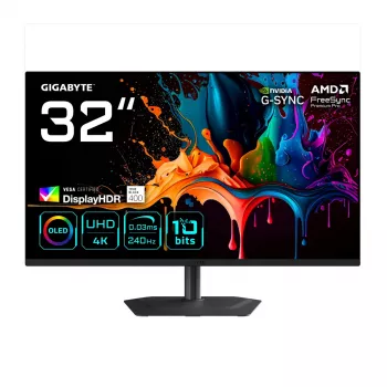 32 colių GIGABYTE MO32U2 QD-OLED 4K UHD žaidimų monitorius – 3840×2160, 240Hz, 0.03ms, 250 cd/m², HDMI 2.1, DisplayPort 1.4