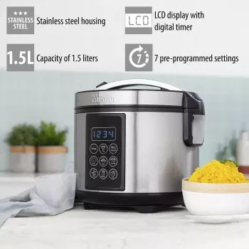 Multivirimo puodas Tristar RK-6132 — 1,5 l, 500 W, 7 automatinių programų, LCD, nerūdijantis plienas/juoda