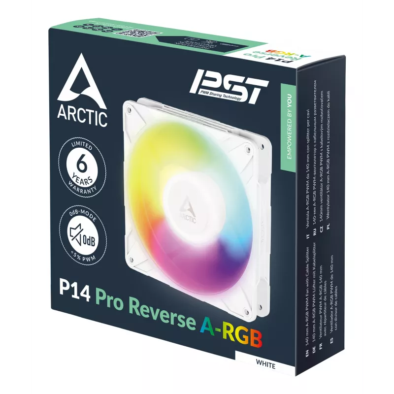 ARCTIC Freezer P14 Pro Reverse A-RGB (Baltas) - 3 vnt. pakuotė - 140 mm A-RGB PWM ventiliatorius su kabelių skirstytuvu