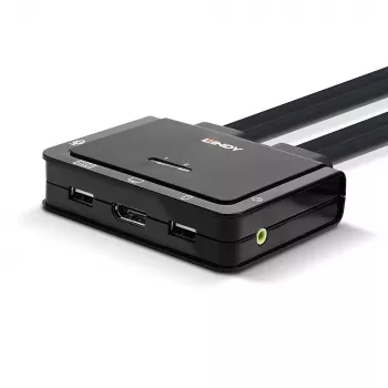 Lindy 2 Port DisplayPort 1.2, USB Type C, USB 2.0 ir garso kabelių KVM jungiklis