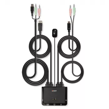 Lindy 2 Port DisplayPort 1.2, USB Type C, USB 2.0 ir garso kabelių KVM jungiklis